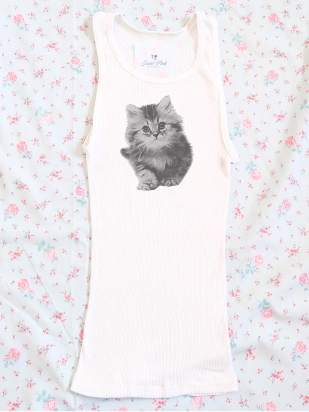 Y2K Coquette Kitten Graphic Ribbed Tank Top White S